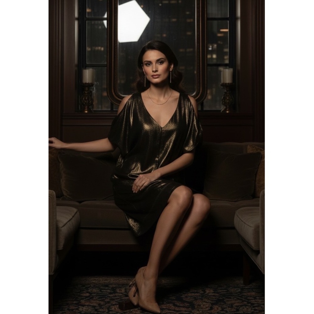 Allsaints Spitalfields Dress 8 Gold Metallic Camille Shinco Cold Shoulder